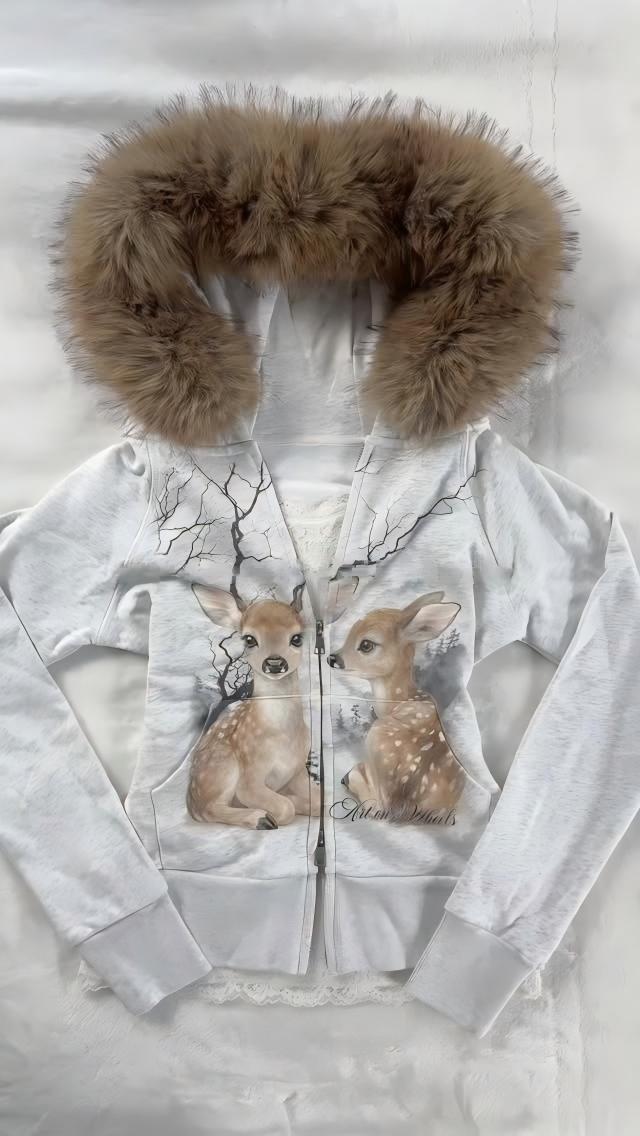 Embroidery Zip Up Hoodie - アメリカンレトロな鹿柄ファー付きフード付きオープンカーディガン、韓国スタイルのライトグレーショート丈ジップアップフーディ、女性用おしゃれアウター