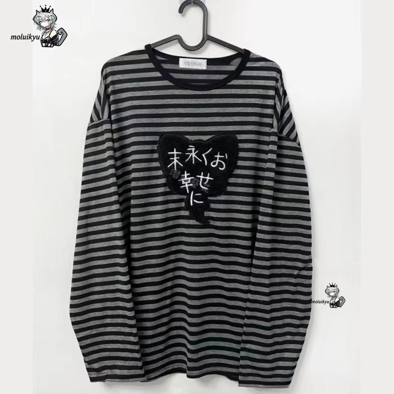 Embroidery Cotton - Y2K アメリカンパンクヴィンテージ O ネック長袖シャツオールマッチストライプデザイン原宿刺繍トップス美的ハイストリート Tシャツ