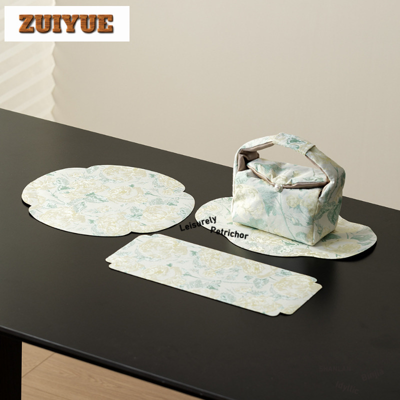Embroidery Cloth - 錦織刺繍イエローローズティーテーブルマット、ティーコズィー付き、禅ドリンクコースター、ディナーテーブルクロスマット、ティーアイテムデコレーション