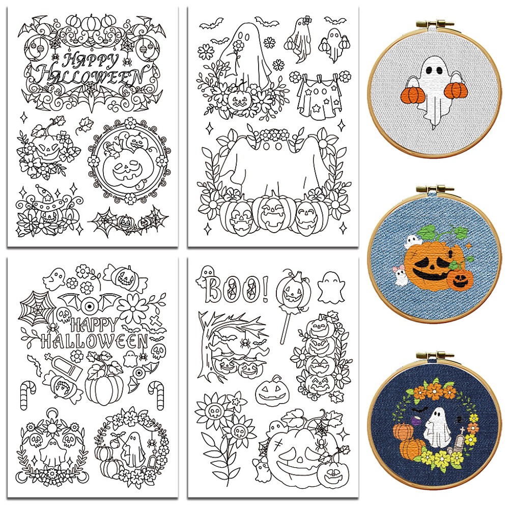 Embroidery Cloth - 初心者向け、水溶性刺繍糸を使用した「顔」と「カボチャ」の刺繍パターン4枚セット。25個の水で洗い流せる刺繍糸用安定剤付き。