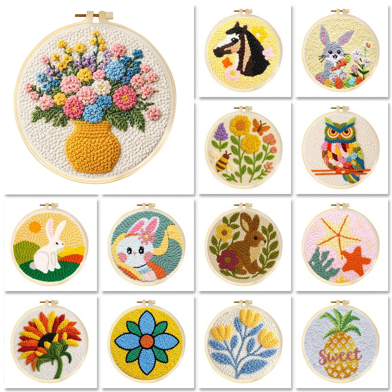Embroidery Converter - DIYパンチニードルキット 可愛い動物柄 初心者向け 簡単パンチニードル刺繍セット フープ付き ラグフック刺繍