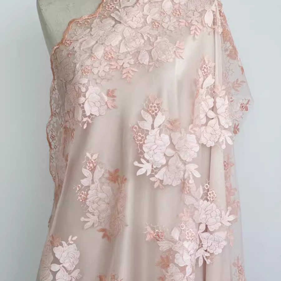 Embroidery Skirt - 1 ヤード高品質メッシュ生地ライトピンクオレンジ立体刺繍生地ドレススカートドレスアクセサリー素材