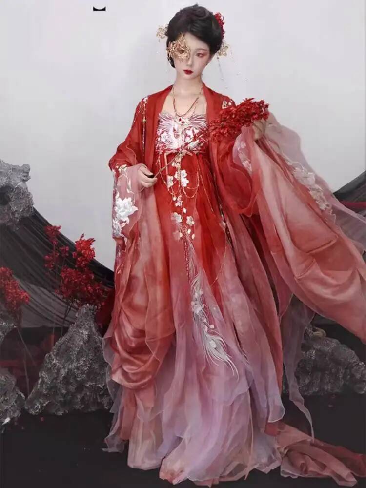 Embroidery Cotton - 漢服を着た女性、豪華な刺繍が施されたヘジドレス、大きな袖のセット、古代の春夏衣装、コスプレ、ハロウィン