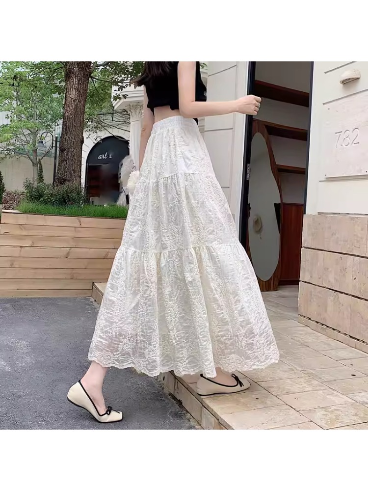 Embroidery Skirt - プラスサイズ レディース ハイウエスト Aラインスカート レース刺繍 メッシュ