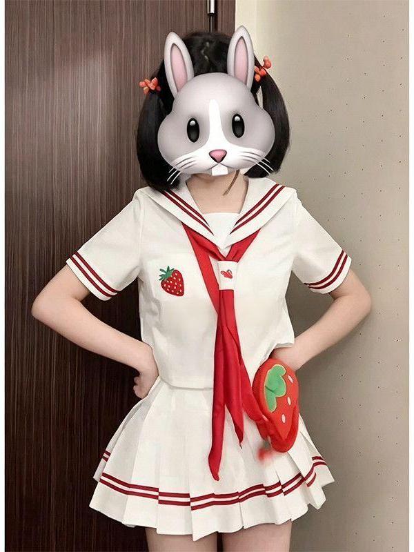 Embroidery Skirt - 2026年アニメJK制服 いちご刺繍半袖セーラー服 スクールスタイル ウエスト絞り 白赤格子スカートセット