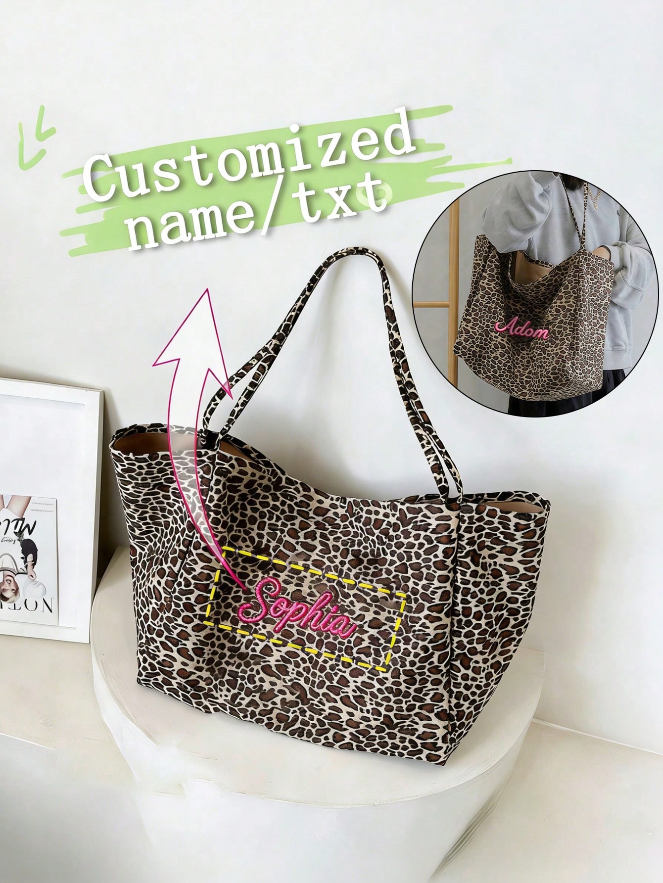 Embroidery Names - カスタム名ヒョウ柄トートバッグ女性大容量ショルダーバッグカジュアルショッピングハンドバッグパーソナライズ刺繍ギフト彼女
