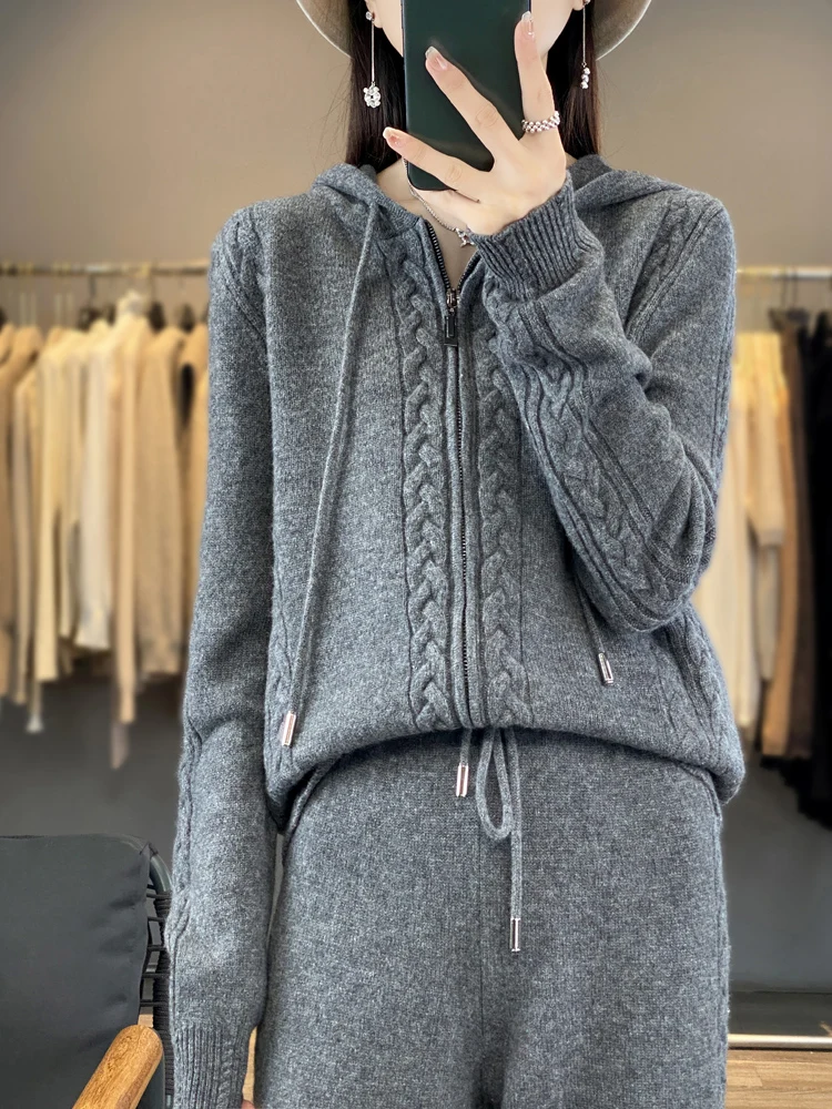 Embroidery Zip Up Hoodie - レディースピュアカシミヤフード付きカーディガン2点セット、ツイストフラワーデザインのゆったりとしたセーターとワイドレッグパンツ、ウール混紡