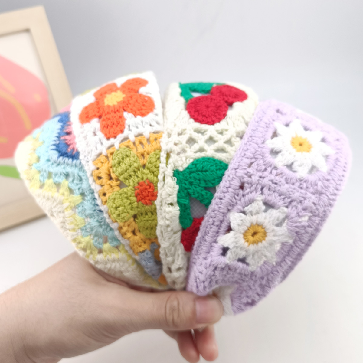 Embroidery Ring - 甘い花刺繍ガールヘアフープカラフルなニットウールワイドヘアバンド女の子の帽子女性ヘアアクセサリー
