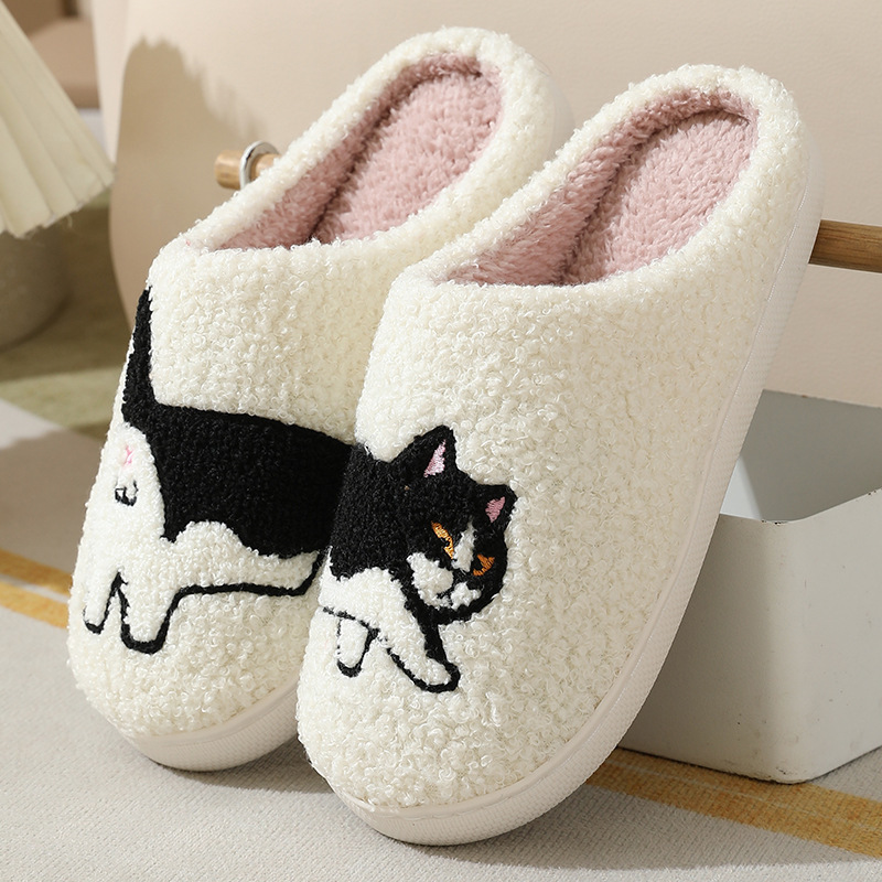 Embroidery Cotton - 冬用プラッシュキュートダックスフンド刺繍ホームスリッパ レディース 室内用 静音 暖かい 滑り止め