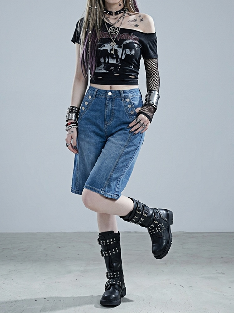 REDDACHiC パンク風ボタン装飾 バミューダデニムショ - Embroidery Details のレビューと価格