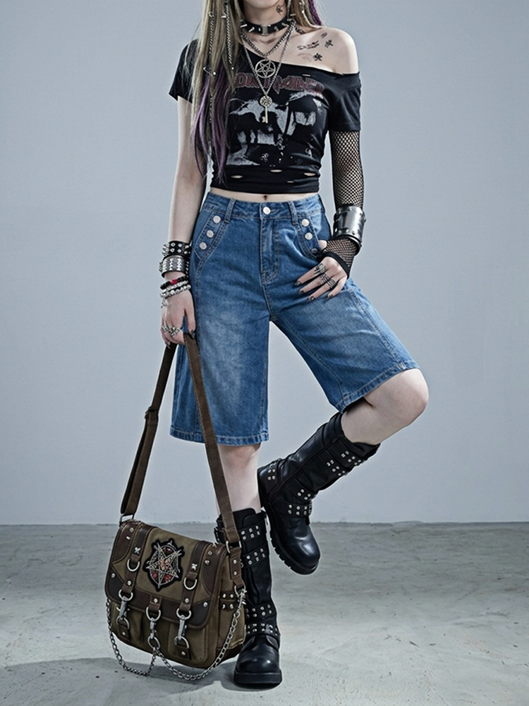 REDDACHiC パンク風ボタン装飾 バミューダデニムショ - Embroidery Details のレビューと価格