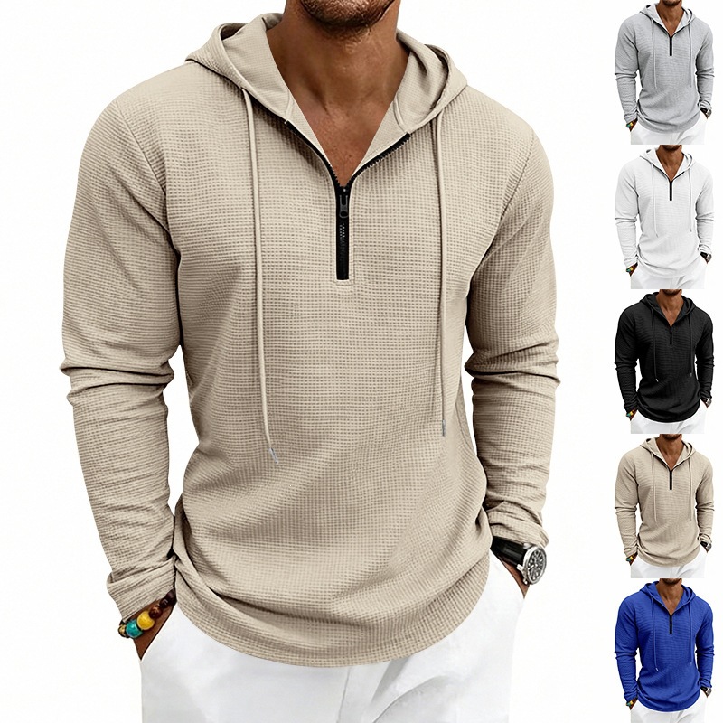 メンズワッフルニットハーフジップフーディー、ドローストリング - Embroidery Zip Up Hoodie のレビューと価格