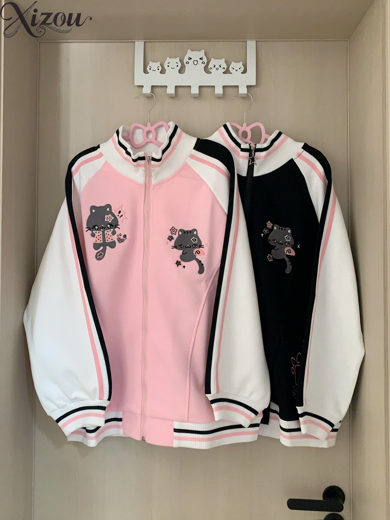 原宿風のかわいい猫柄の刺繍入りジップアップスウェットシャツ、 - Embroidery Zip Up Hoodie のレビューと価格