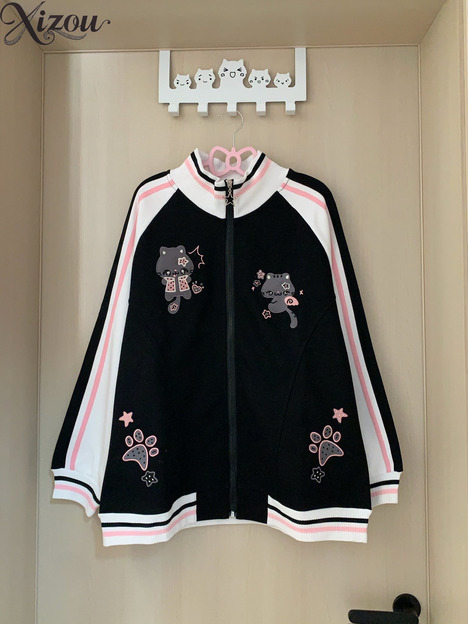 原宿風のかわいい猫柄の刺繍入りジップアップスウェットシャツ、 - Embroidery Zip Up Hoodie のレビューと価格