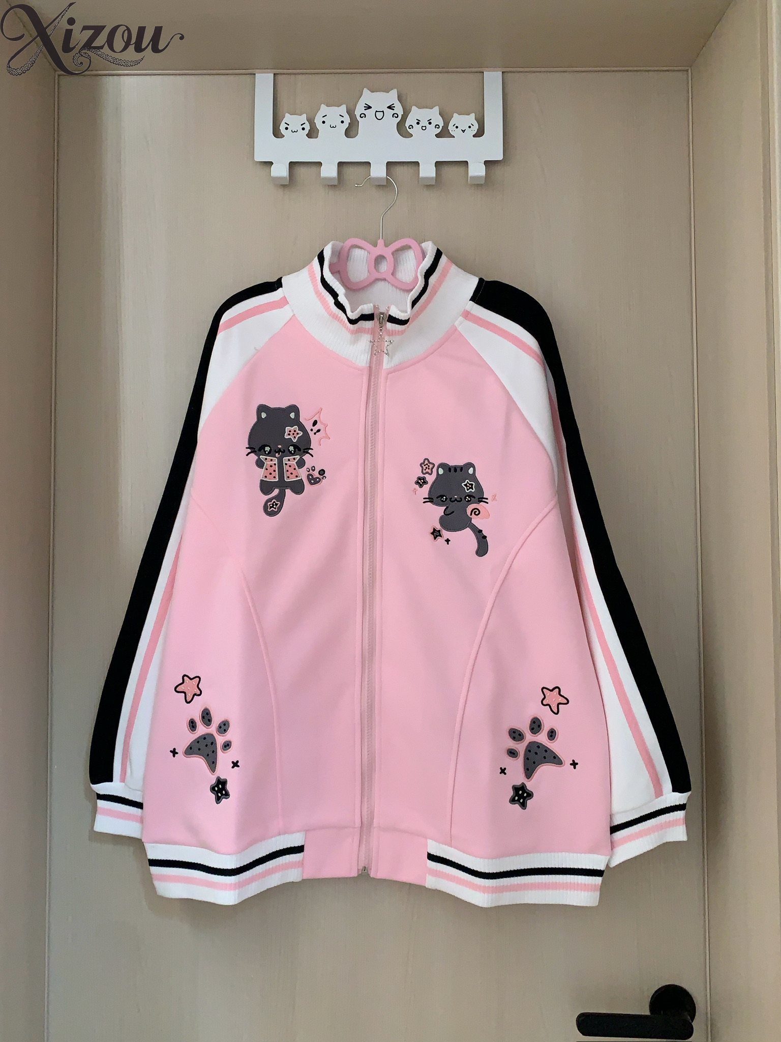 原宿風のかわいい猫柄の刺繍入りジップアップスウェットシャツ、 - Embroidery Zip Up Hoodie のレビューと価格