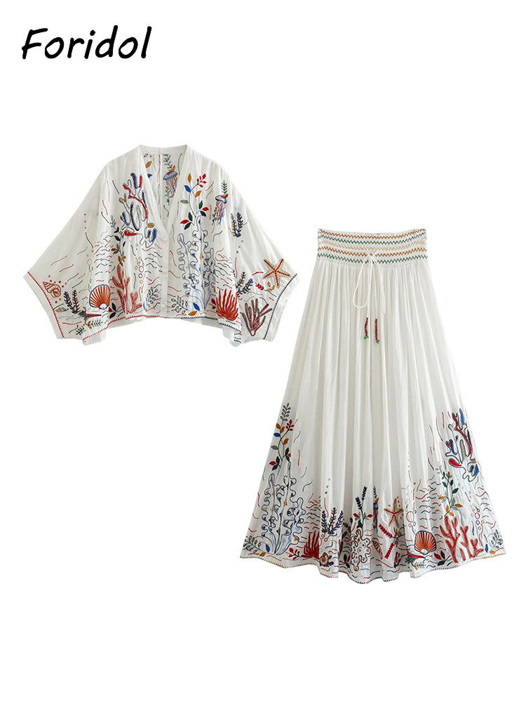Foridol 海洋生物刺繍バットウィングスリーブ夏春マキシ - Embroidery Skirt のレビューと価格