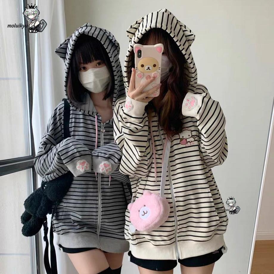 Y2K 女性ストライプジップアップジャケットかわいい猫耳パー - Embroidery Zip Up Hoodie のレビューと価格
