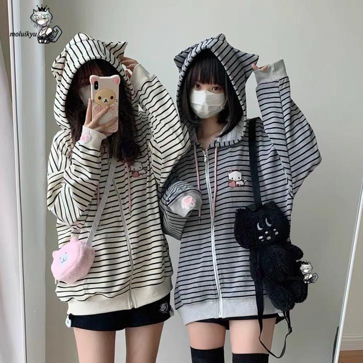 Y2K 女性ストライプジップアップジャケットかわいい猫耳パー - Embroidery Zip Up Hoodie のレビューと価格
