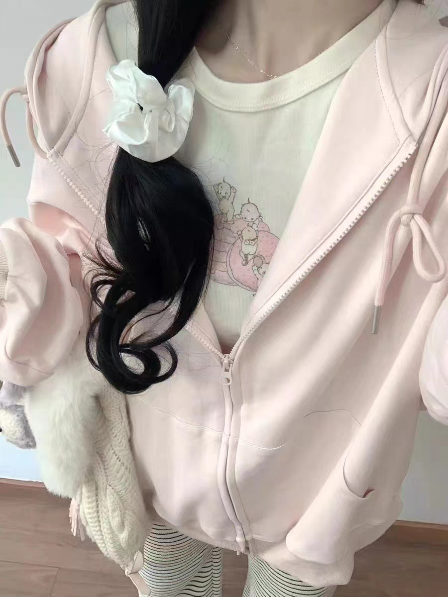 ピンク甘い特大パーカー秋長袖フード付きジップアップ綿トレーナ - Embroidery Zip Up Hoodie のレビューと価格