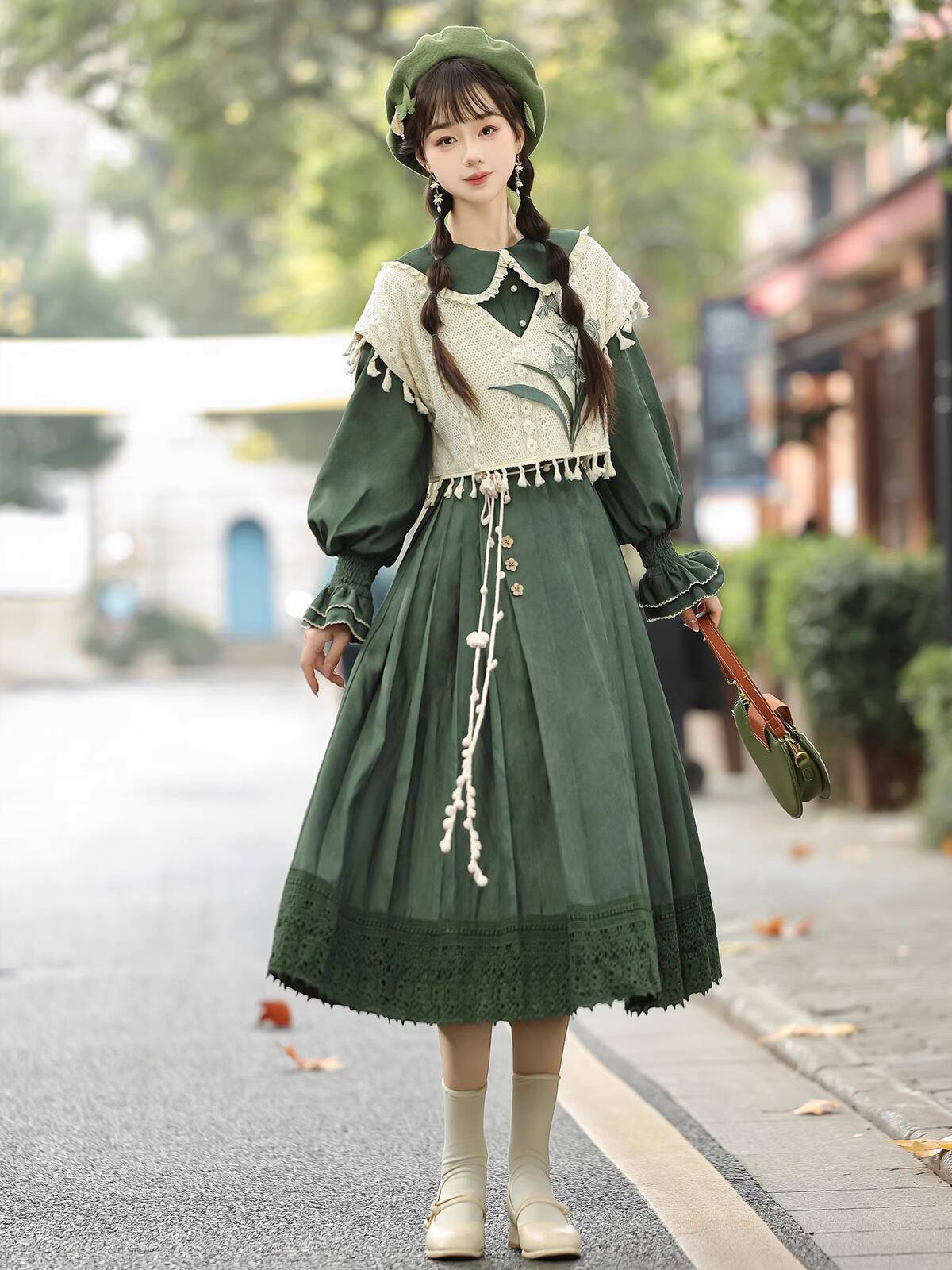 新しい中国風ヴィンテージグリーンロリータドレスセット、ふわふ - Embroidery Cotton のレビューと価格