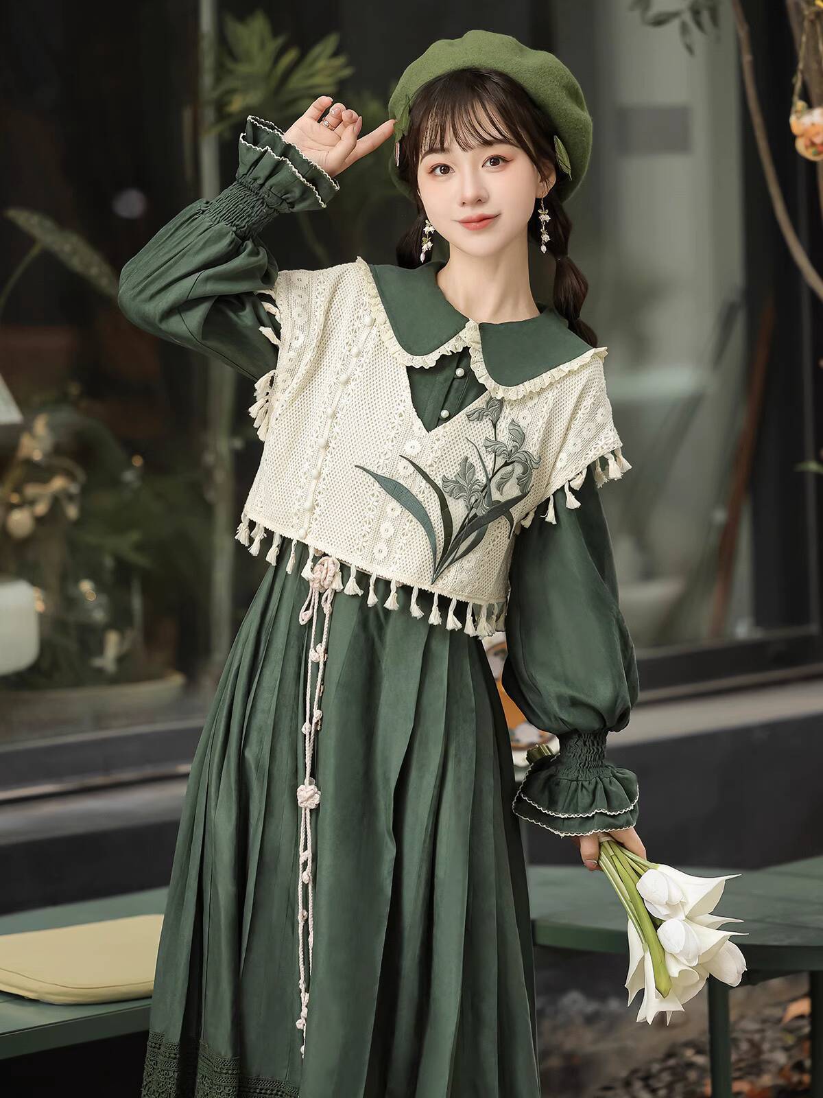 新しい中国風ヴィンテージグリーンロリータドレスセット、ふわふ - Embroidery Cotton のレビューと価格