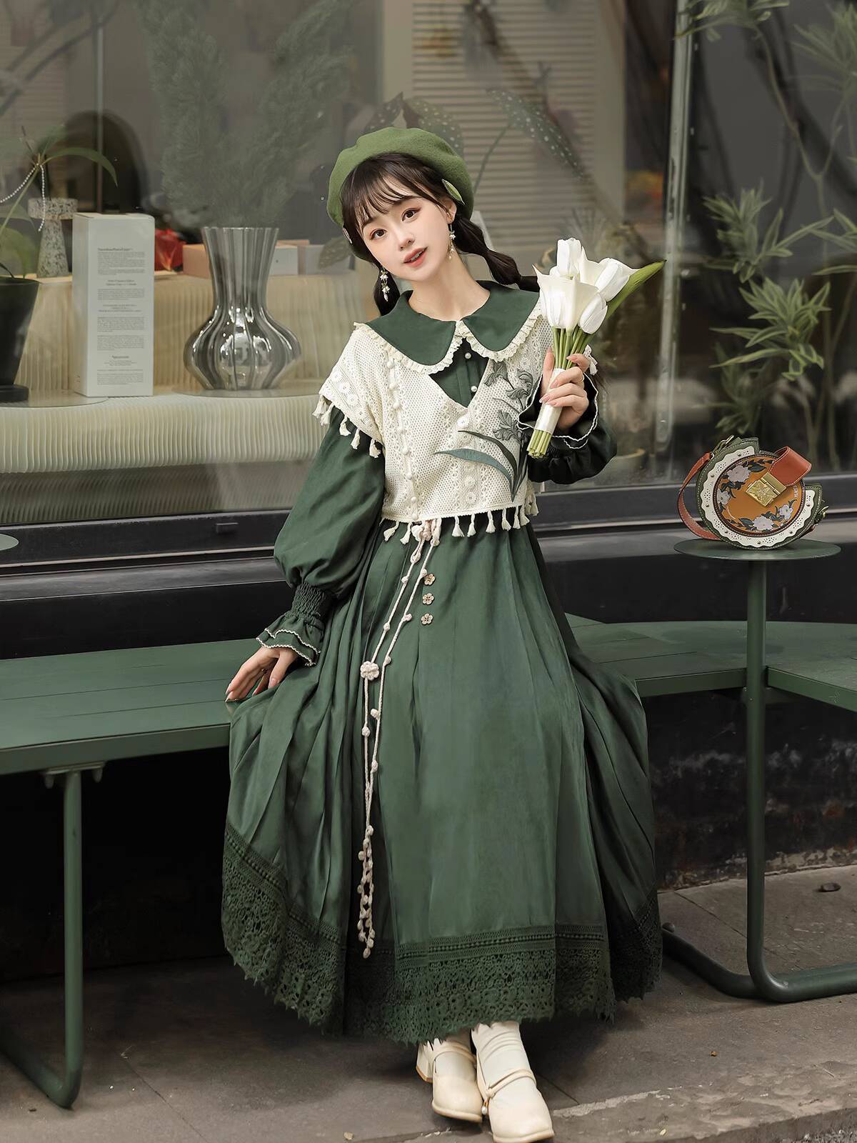 新しい中国風ヴィンテージグリーンロリータドレスセット、ふわふ - Embroidery Cotton のレビューと価格