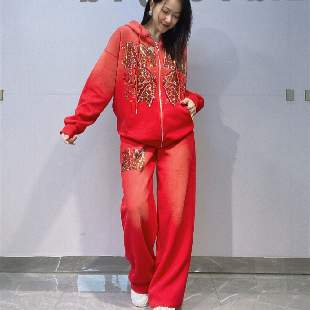 トレンドの秋冬レディースフーディセット、ラグジュアリーなホッ - Embroidery Zip Up Hoodie のレビューと価格