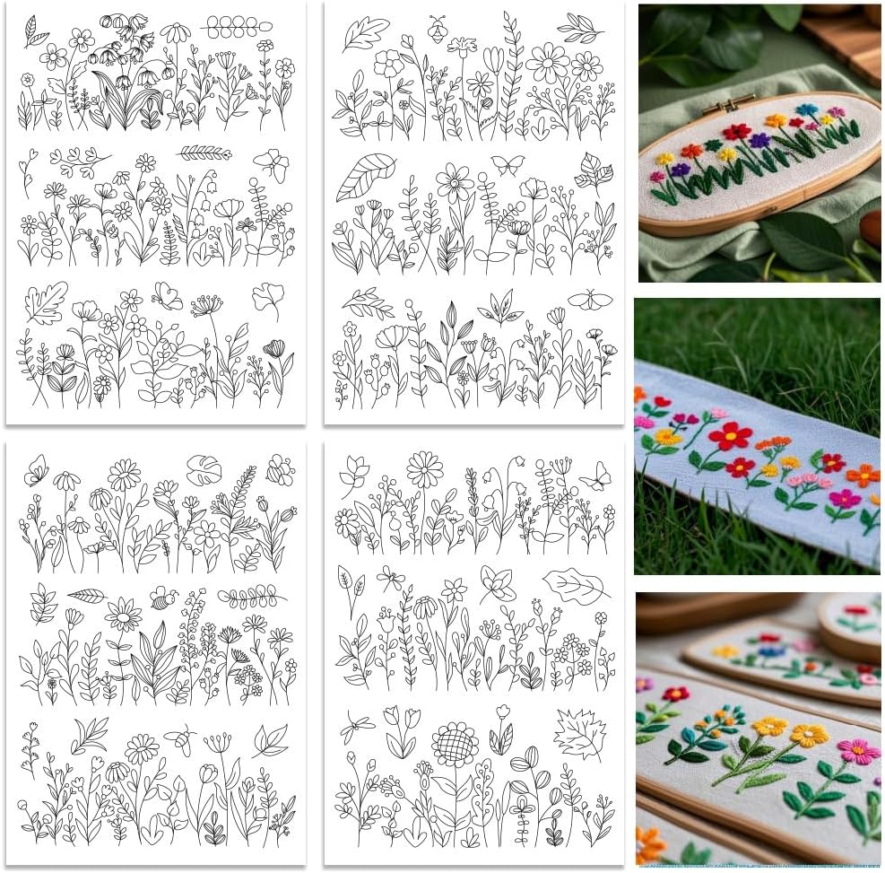 水溶性刺繍パターンスタビライザー、プリプリントされた野花と開 - Embroidery Design Patterns Flowers のレビューと価格