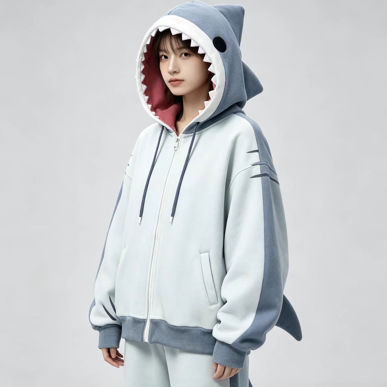 日本ニッチアニメ三次元サメ型フード付きセーター女性用リボン付 - Embroidery Zip Up Hoodie のレビューと価格