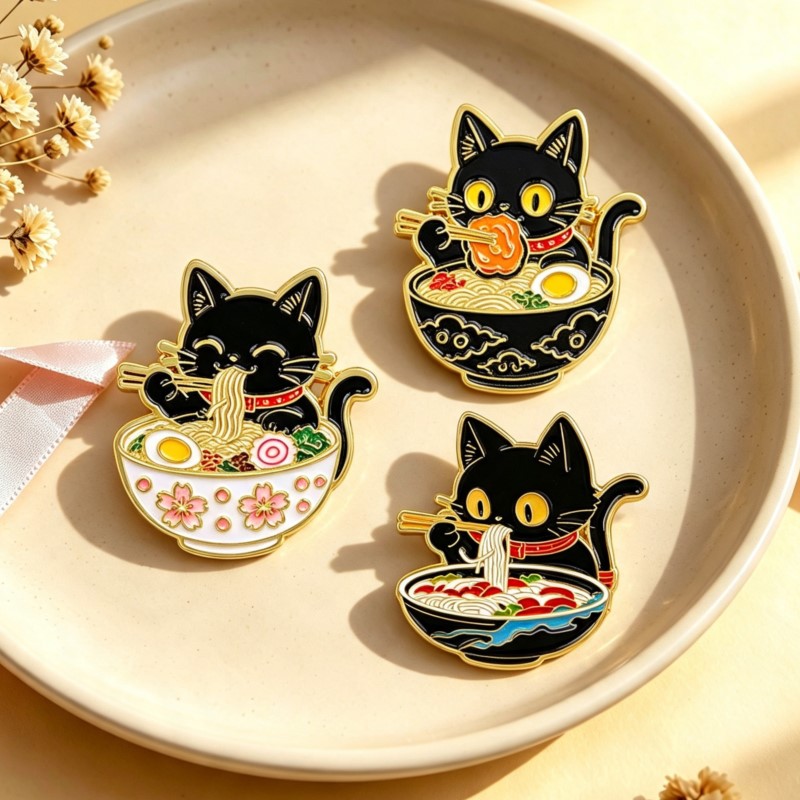かわいい黒猫が麺を食べるエナメルピン、素敵な動物のラペルバッ - Embroidery Tulle のレビューと価格