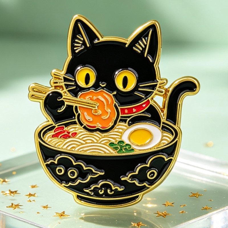 かわいい黒猫が麺を食べるエナメルピン、素敵な動物のラペルバッ - Embroidery Tulle のレビューと価格