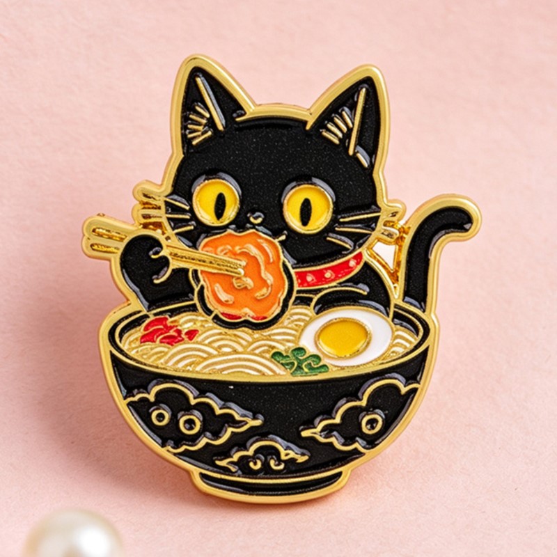 かわいい黒猫が麺を食べるエナメルピン、素敵な動物のラペルバッ - Embroidery Tulle のレビューと価格