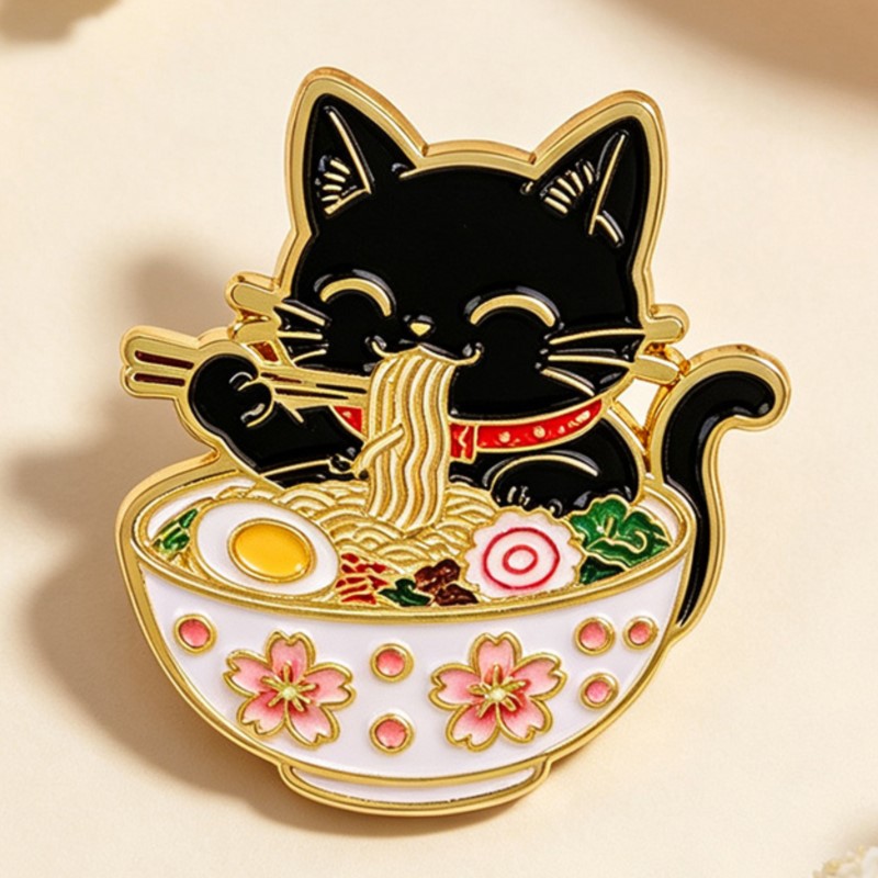 かわいい黒猫が麺を食べるエナメルピン、素敵な動物のラペルバッ - Embroidery Tulle のレビューと価格