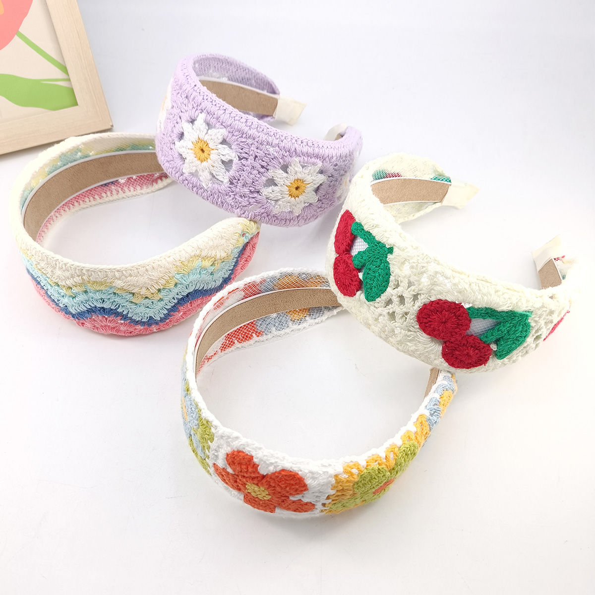 甘い花刺繍ガールヘアフープカラフルなニットウールワイドヘアバ - Embroidery Ring のレビューと価格